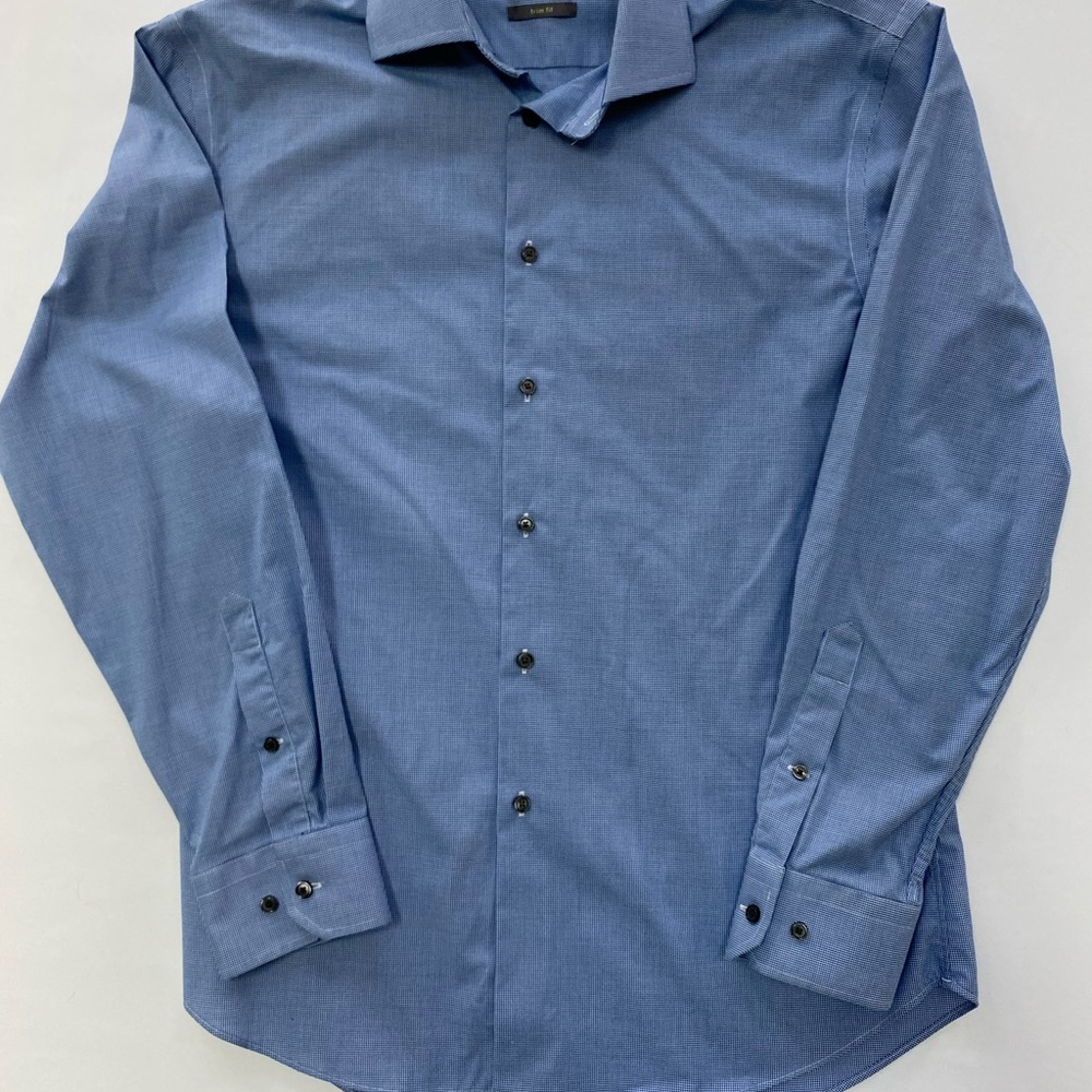 Calibrate Mens Blue Micro Gingham Dress Shirt Trim Fit 15.5 32/33 Non-Iron